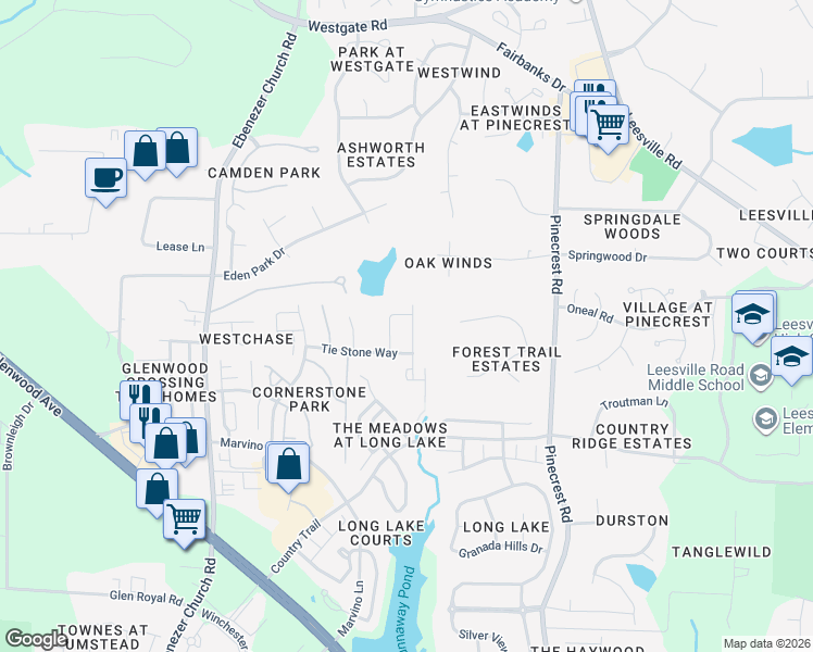 map of restaurants, bars, coffee shops, grocery stores, and more near 8404 Whisper Ridge Place in Raleigh