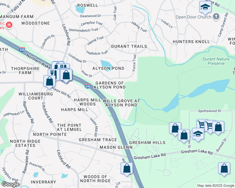 map of restaurants, bars, coffee shops, grocery stores, and more near 3020 Coxindale Drive in Raleigh