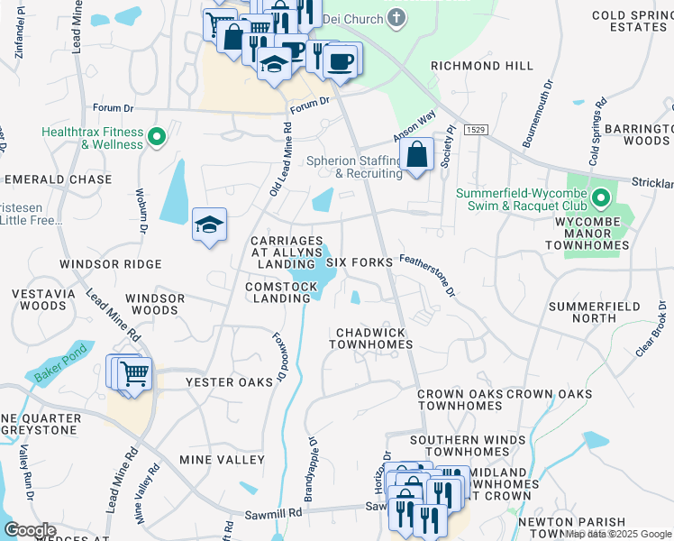 map of restaurants, bars, coffee shops, grocery stores, and more near 8041 Allyns Landing Way in Raleigh
