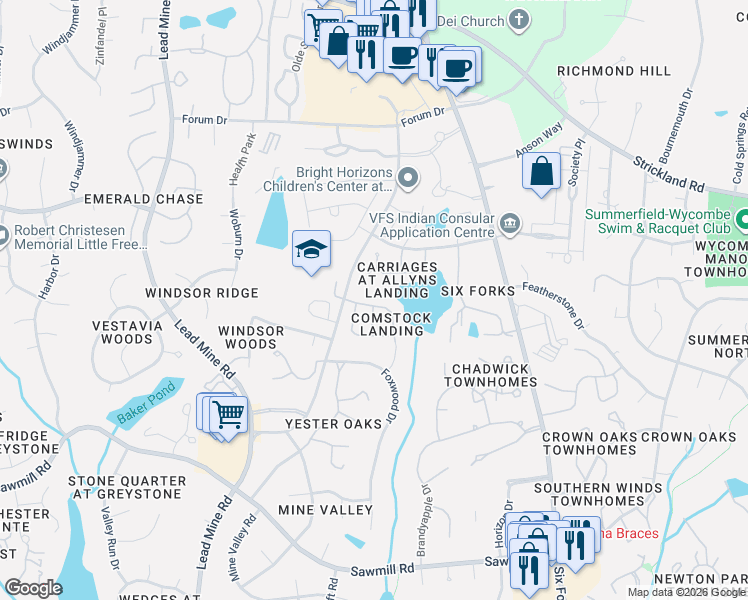 map of restaurants, bars, coffee shops, grocery stores, and more near 8020 Thrush Ridge Lane in Raleigh