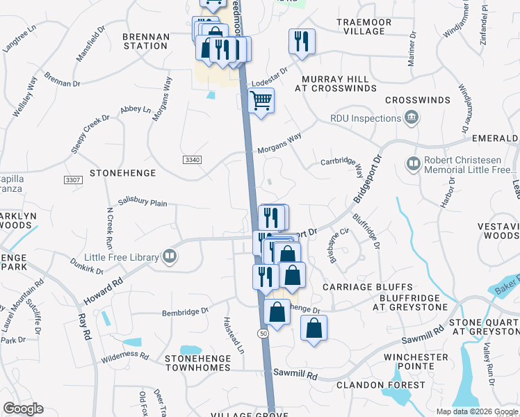 map of restaurants, bars, coffee shops, grocery stores, and more near 7600 Creedmoor Road in Raleigh
