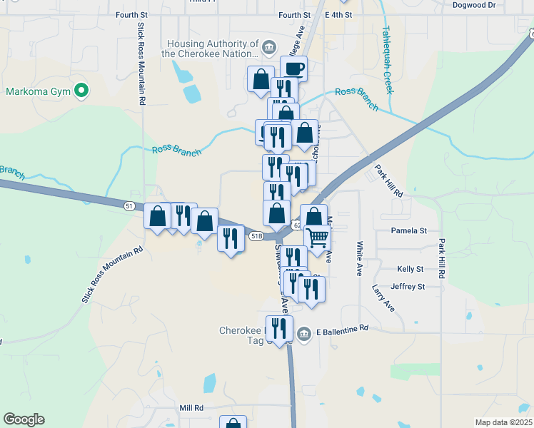 map of restaurants, bars, coffee shops, grocery stores, and more near 1942 South Muskogee Avenue in Tahlequah