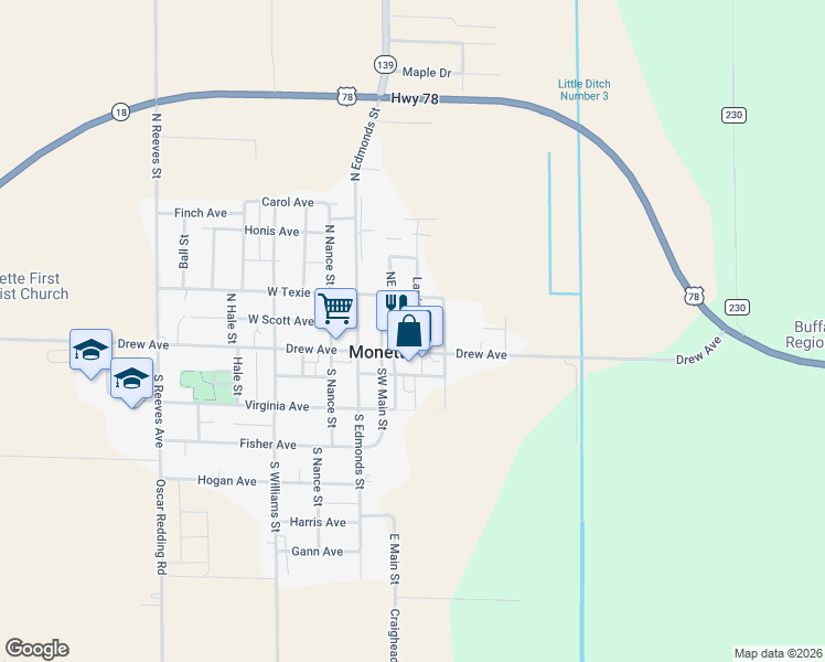 map of restaurants, bars, coffee shops, grocery stores, and more near 100 Southeast Main Street in Monette