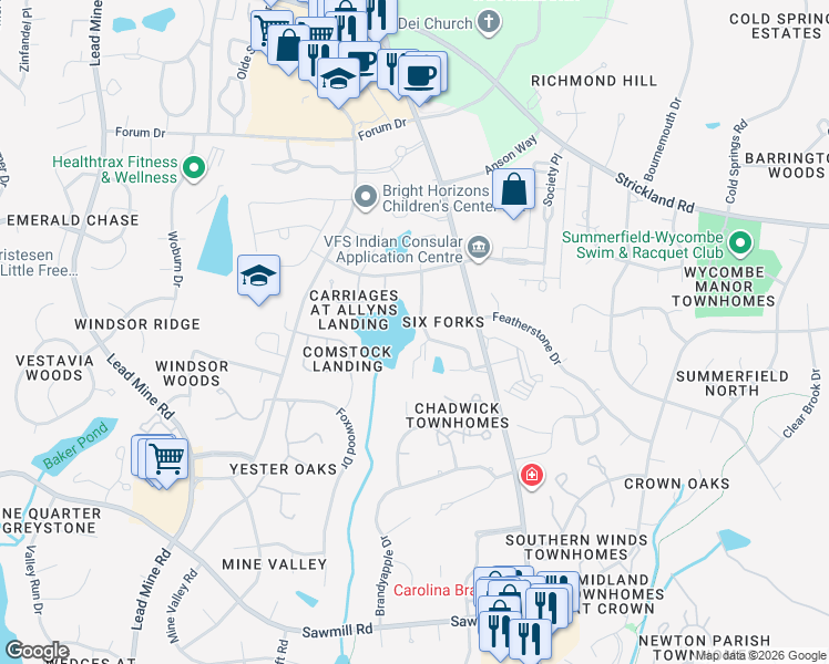 map of restaurants, bars, coffee shops, grocery stores, and more near 8041 Allyns Landing Way in Raleigh