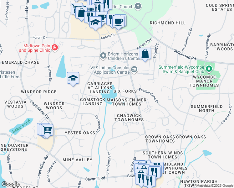 map of restaurants, bars, coffee shops, grocery stores, and more near 8041 Allyns Landing Way in Raleigh