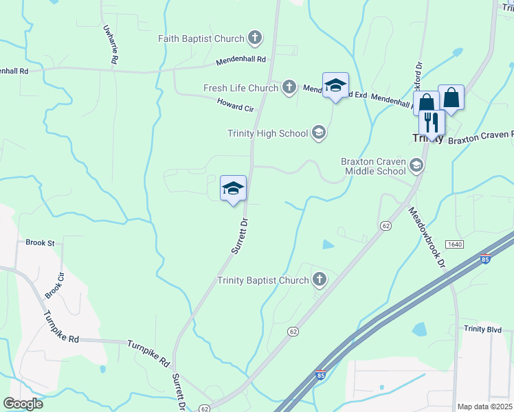 map of restaurants, bars, coffee shops, grocery stores, and more near 5268 Surrett Drive in Archdale