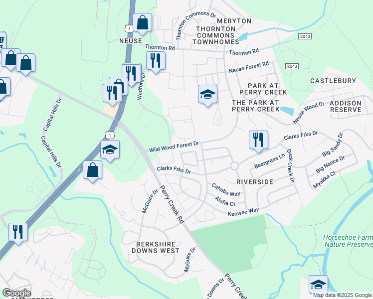 map of restaurants, bars, coffee shops, grocery stores, and more near 8009 Satillo Lane in Raleigh