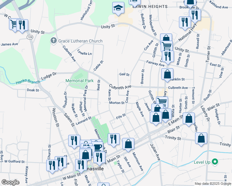 map of restaurants, bars, coffee shops, grocery stores, and more near 403 Kern Street in Thomasville