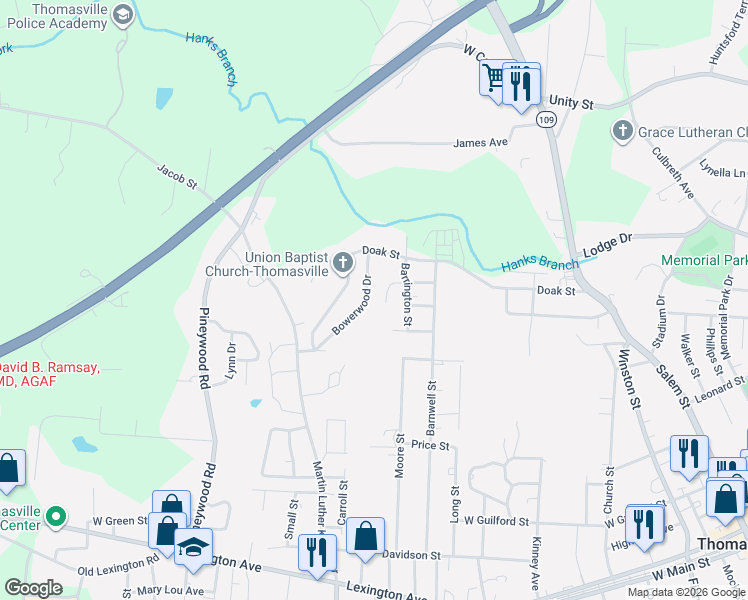 map of restaurants, bars, coffee shops, grocery stores, and more near 106 Barrington Street in Thomasville