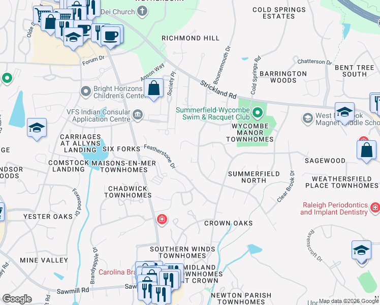 map of restaurants, bars, coffee shops, grocery stores, and more near 8321 Old Deer Trail in Raleigh