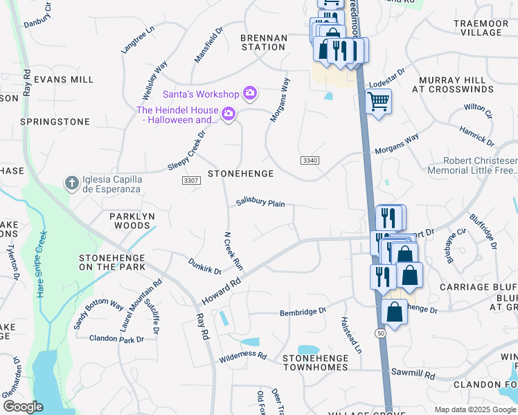map of restaurants, bars, coffee shops, grocery stores, and more near 2713 Salisbury Plain in Raleigh