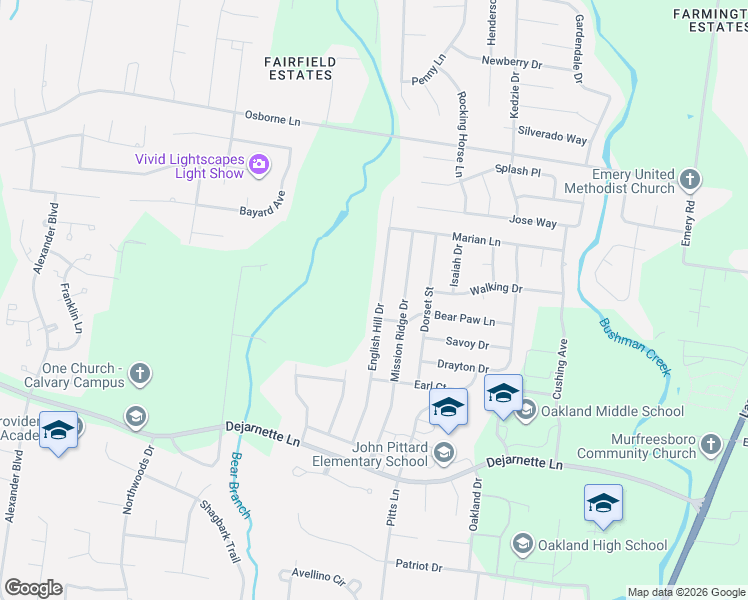 map of restaurants, bars, coffee shops, grocery stores, and more near 2603 English Hill Drive in Murfreesboro
