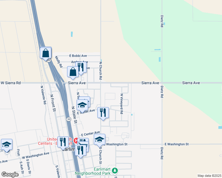 map of restaurants, bars, coffee shops, grocery stores, and more near E Azelia Ct in Earlimart