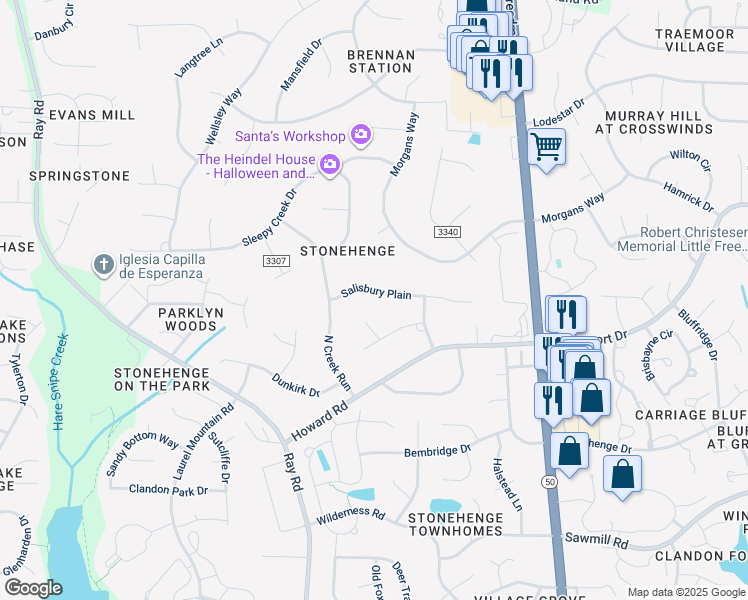 map of restaurants, bars, coffee shops, grocery stores, and more near 2713 Salisbury Plain in Raleigh