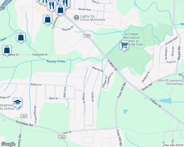 map of restaurants, bars, coffee shops, grocery stores, and more near 106 Linda Drive in Archdale