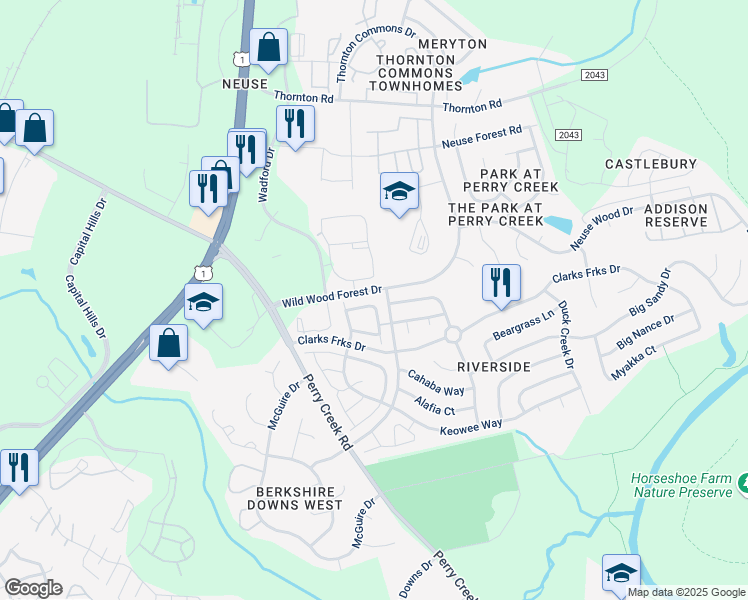 map of restaurants, bars, coffee shops, grocery stores, and more near 8025 Satillo Lane in Raleigh