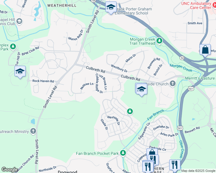 map of restaurants, bars, coffee shops, grocery stores, and more near 300 Cobble Ridge Drive in Chapel Hill