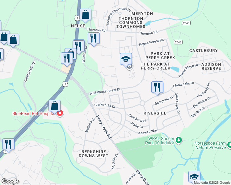 map of restaurants, bars, coffee shops, grocery stores, and more near 5301 Fair Rain Drive in Raleigh