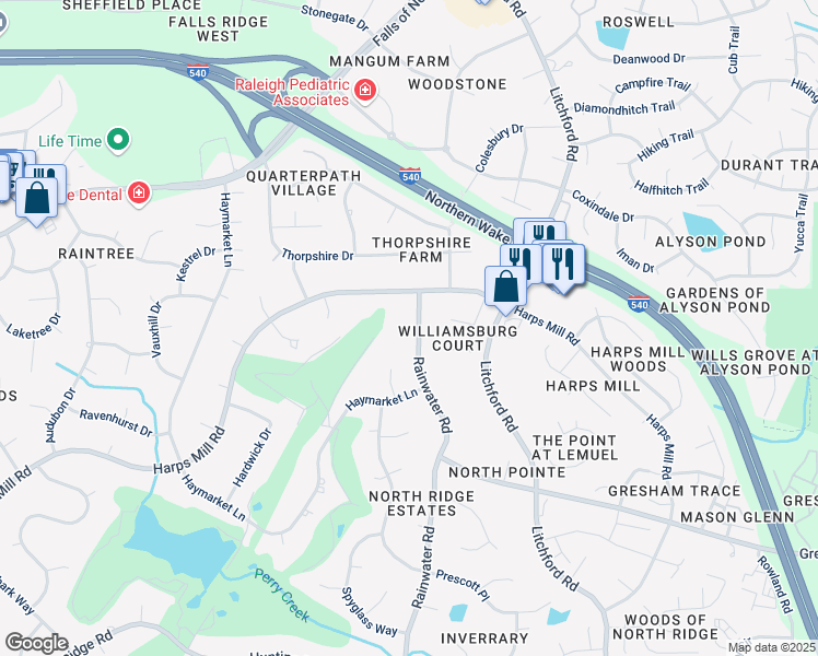 map of restaurants, bars, coffee shops, grocery stores, and more near 7721 Rainwater Road in Raleigh