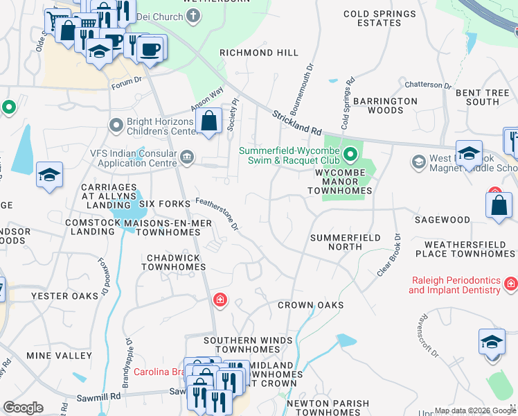 map of restaurants, bars, coffee shops, grocery stores, and more near 8321 Old Deer Trail in Raleigh