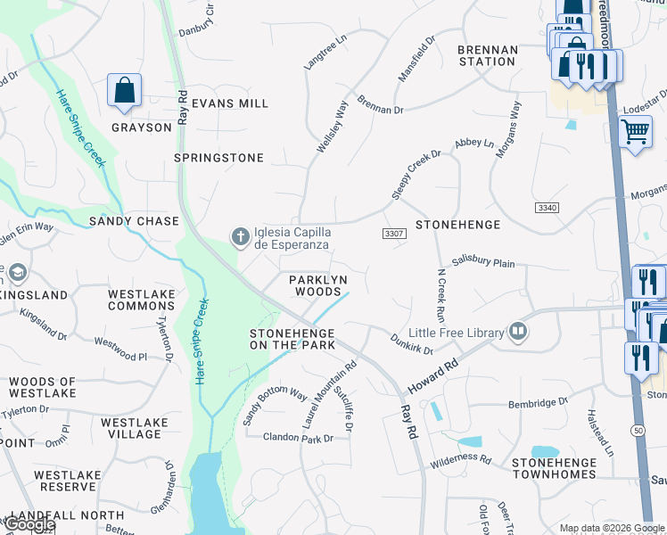 map of restaurants, bars, coffee shops, grocery stores, and more near 8129 Knebworth Court in Raleigh