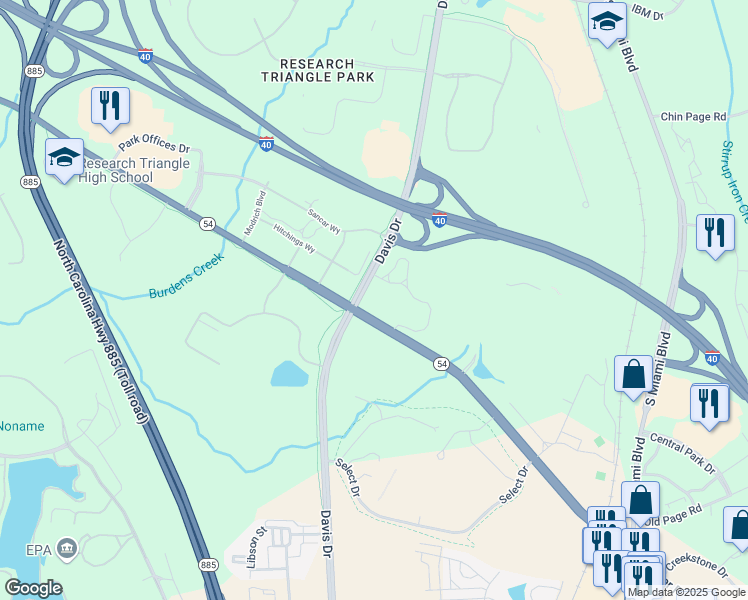 map of restaurants, bars, coffee shops, grocery stores, and more near 4001 North Carolina 54 in Morrisville