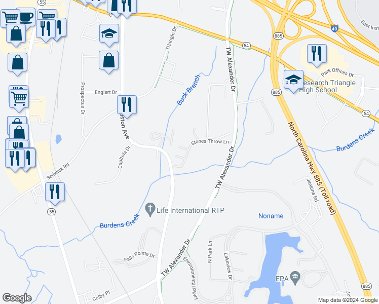 map of restaurants, bars, coffee shops, grocery stores, and more near 3210 Stones Throw Lane in Durham