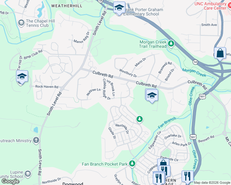 map of restaurants, bars, coffee shops, grocery stores, and more near 300 Cobble Ridge Drive in Chapel Hill