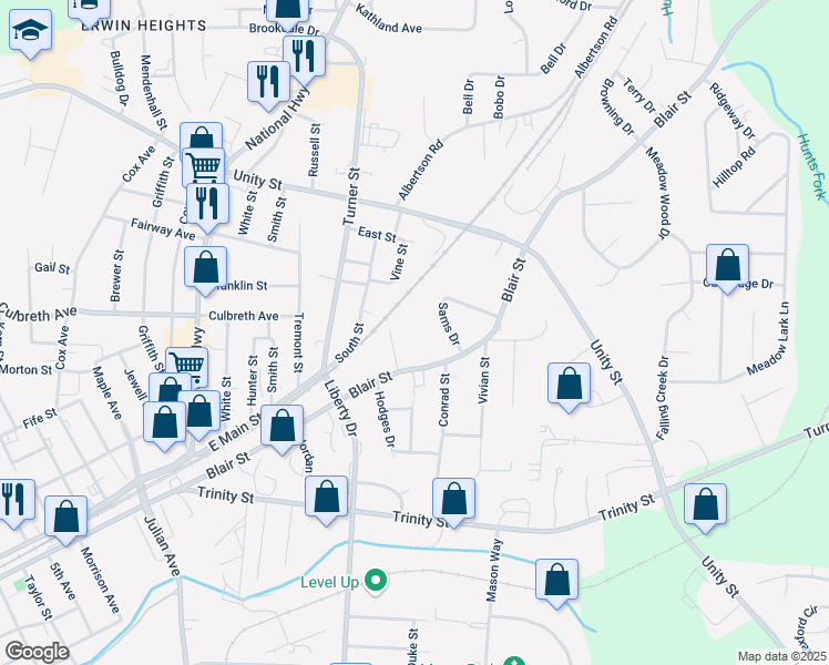map of restaurants, bars, coffee shops, grocery stores, and more near 1030 Blair Street in Thomasville