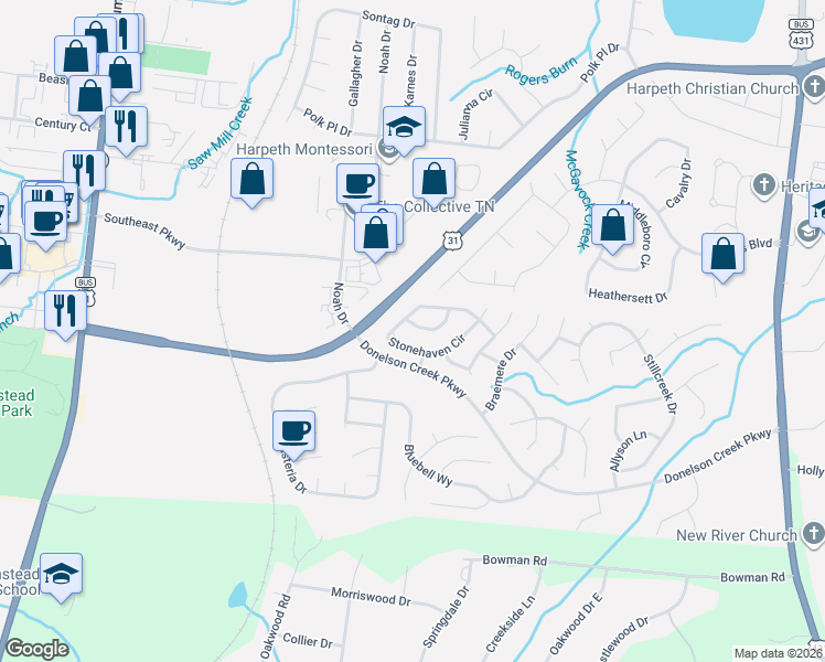 map of restaurants, bars, coffee shops, grocery stores, and more near 256 Stonehaven Circle in Franklin