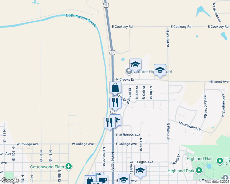 map of restaurants, bars, coffee shops, grocery stores, and more near 219 East Hill Drive in Guthrie