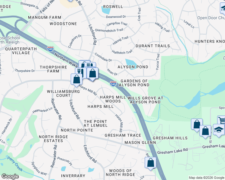 map of restaurants, bars, coffee shops, grocery stores, and more near 7817 Harps Mill Woods Run in Raleigh