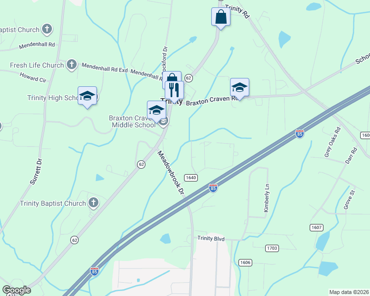 map of restaurants, bars, coffee shops, grocery stores, and more near 5274 Rosedale Street in Trinity