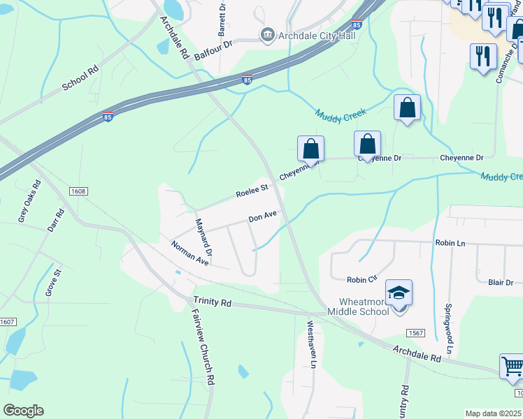 map of restaurants, bars, coffee shops, grocery stores, and more near 104 Don Avenue in Trinity
