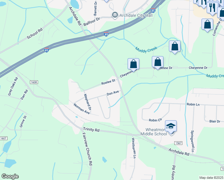 map of restaurants, bars, coffee shops, grocery stores, and more near 104 Don Avenue in Trinity