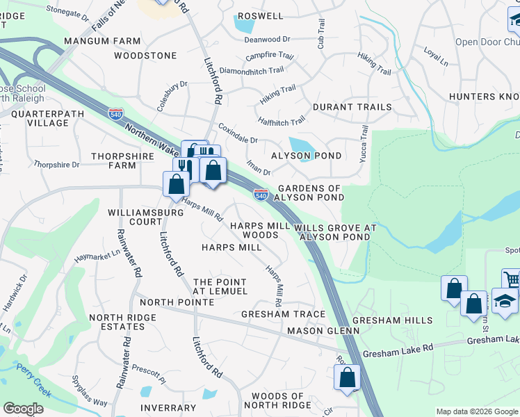 map of restaurants, bars, coffee shops, grocery stores, and more near 7817 Harps Mill Woods Run in Raleigh