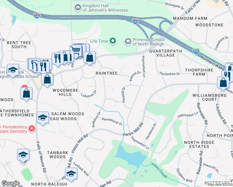 map of restaurants, bars, coffee shops, grocery stores, and more near 1317 Wagram Court in Raleigh