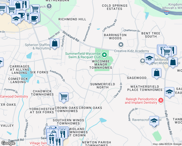 map of restaurants, bars, coffee shops, grocery stores, and more near 8208 Pepperidge Court in Raleigh