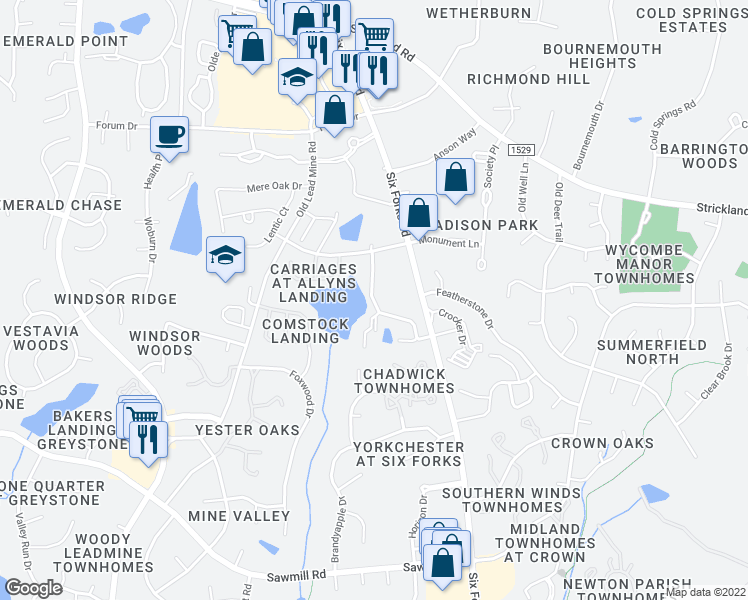 map of restaurants, bars, coffee shops, grocery stores, and more near 8221 Allyns Landing Way in Raleigh