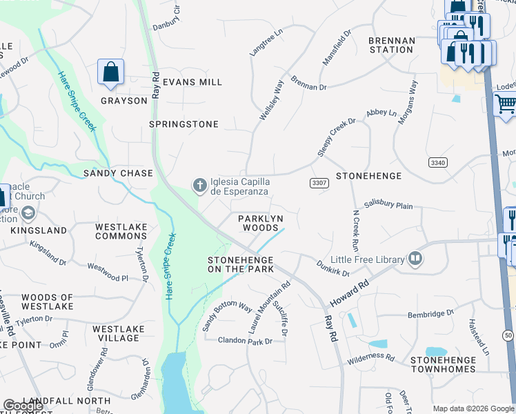 map of restaurants, bars, coffee shops, grocery stores, and more near 7900 Verona Place in Raleigh