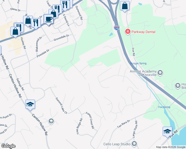map of restaurants, bars, coffee shops, grocery stores, and more near 10208 Doyle Lane in Knoxville