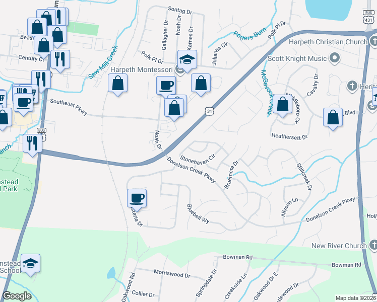 map of restaurants, bars, coffee shops, grocery stores, and more near 236 Stonehaven Circle in Franklin