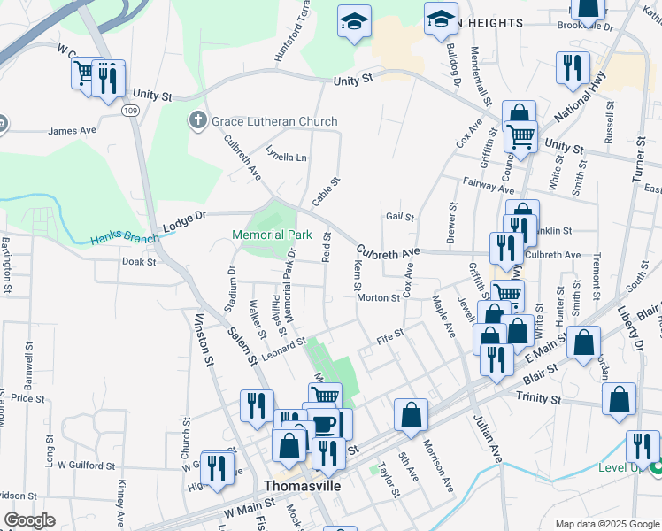 map of restaurants, bars, coffee shops, grocery stores, and more near 507 Reid Street in Thomasville
