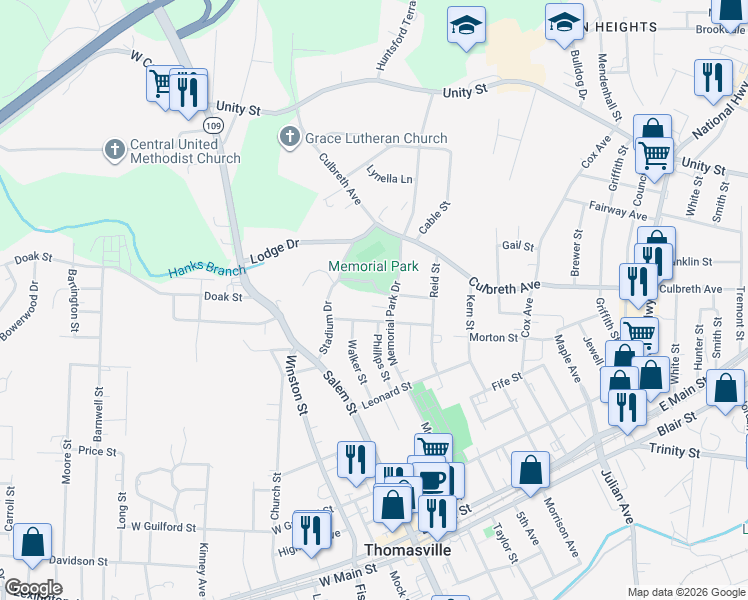 map of restaurants, bars, coffee shops, grocery stores, and more near 410 Memorial Park Drive in Thomasville