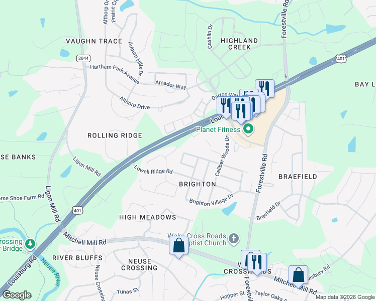 map of restaurants, bars, coffee shops, grocery stores, and more near 8324 Louisburg Road in Raleigh