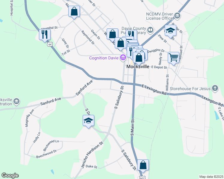 map of restaurants, bars, coffee shops, grocery stores, and more near West Maple Avenue in Mocksville