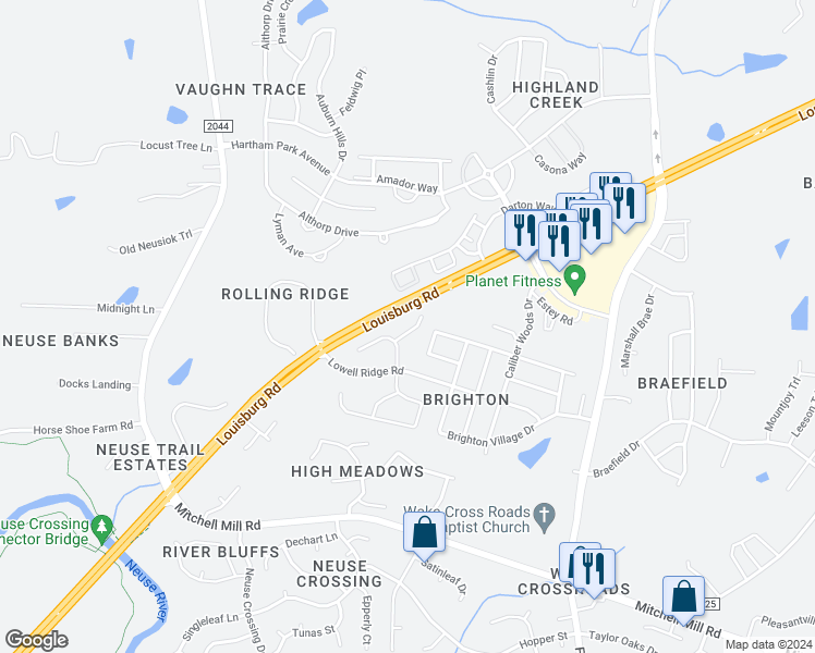 map of restaurants, bars, coffee shops, grocery stores, and more near 7219 Monarda Court in Raleigh