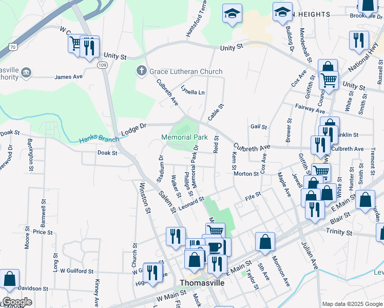 map of restaurants, bars, coffee shops, grocery stores, and more near 410 Memorial Park Drive in Thomasville
