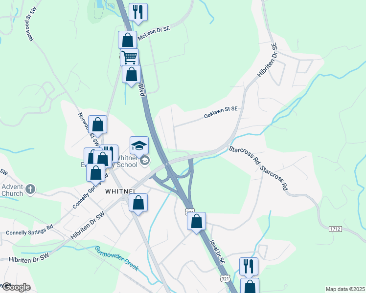 map of restaurants, bars, coffee shops, grocery stores, and more near 1253 Oaklawn Street Southeast in Lenoir