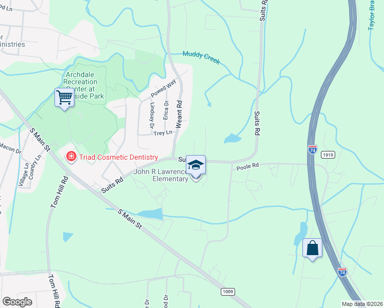 map of restaurants, bars, coffee shops, grocery stores, and more near 6051 Suits Road in Archdale